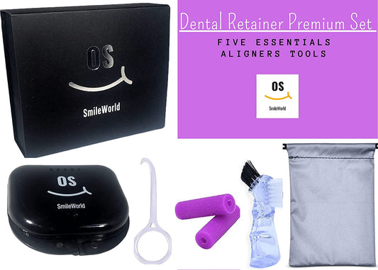 Clear Aligner Set, Retainer case, Aligner Removal tool, Aligner Chewies, and Denture Cleaner Brush, Bundle Set 5 Pcs, Dentures, Mouth Guard, With Deluxe EasyCarry Bag.